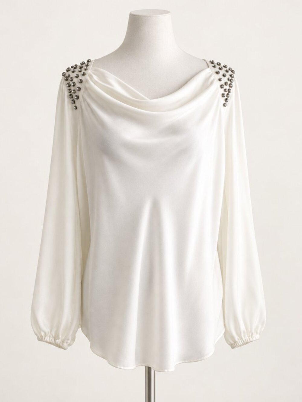 Jennifer Lopez XS Ivory Chiffon Draped Blouse Rhinestone Shoulders